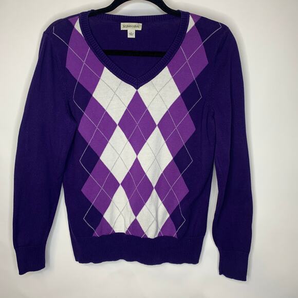 Purple Argyle Sweater V Neck Vintage Medium - Picture 1 of 7